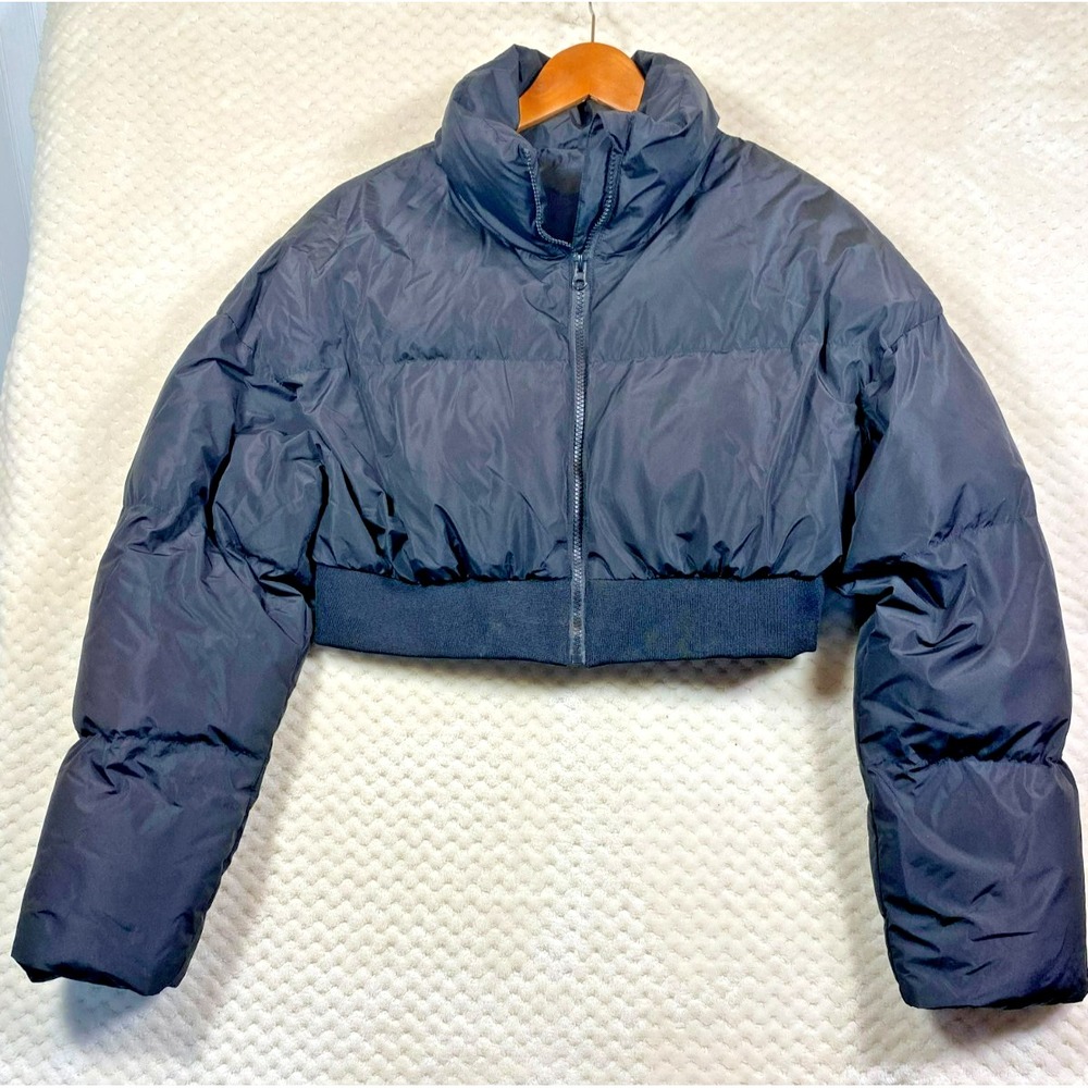 Dazy Junior Oversized Cropped Puff Jacket Black Large Women Bomber Puffer